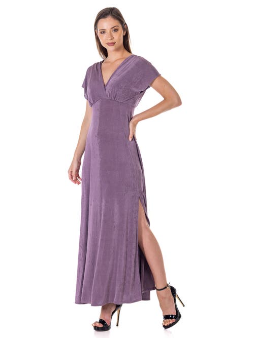 24seven Comfort Apparel Womens Flutter Sleeve Metallic Knit Maxi Dress Front Slit Empire Waist In Blue