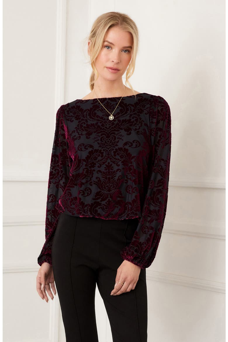 Floral Velvet Burnout Top, Alternate, color, WINE