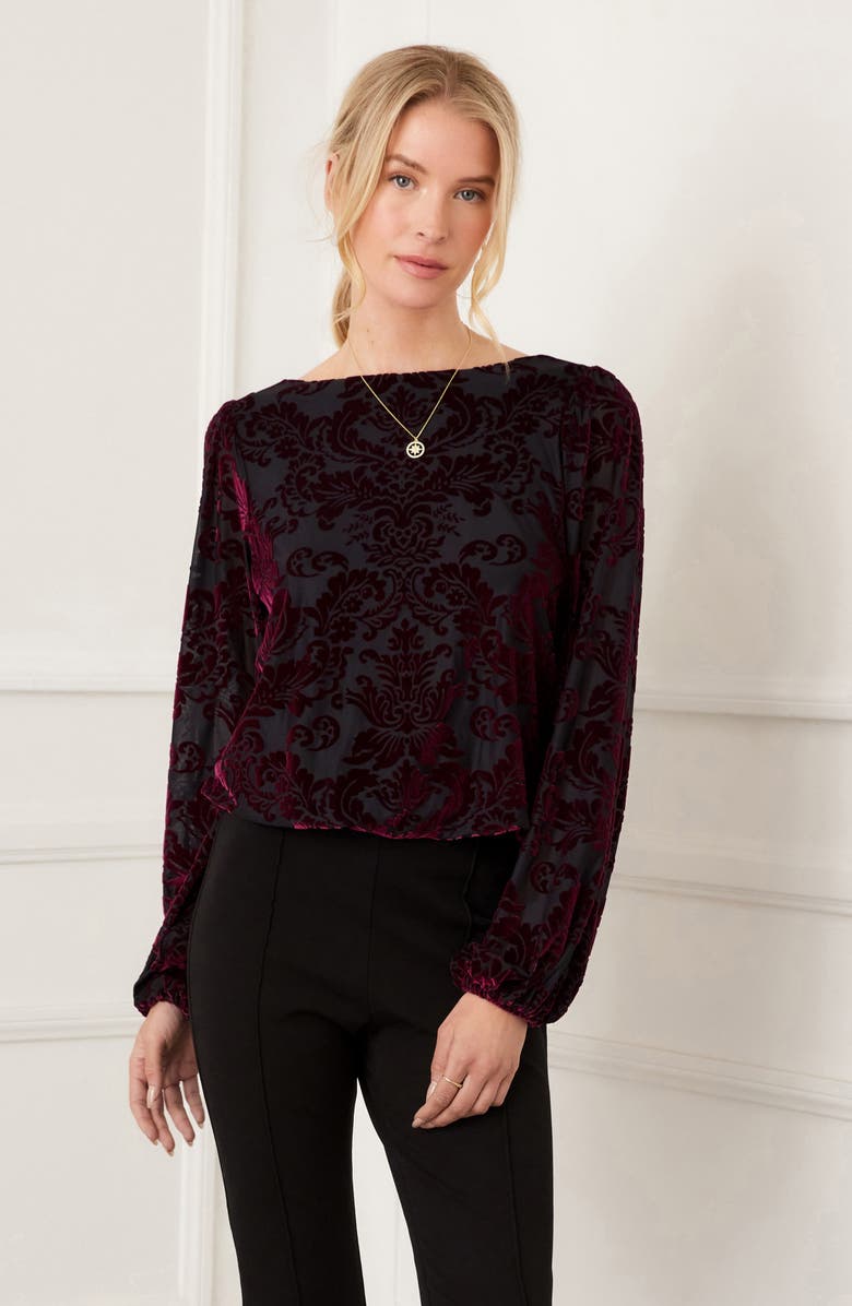 Karen Kane Floral Velvet Burnout Top, Alternate, color, Wine