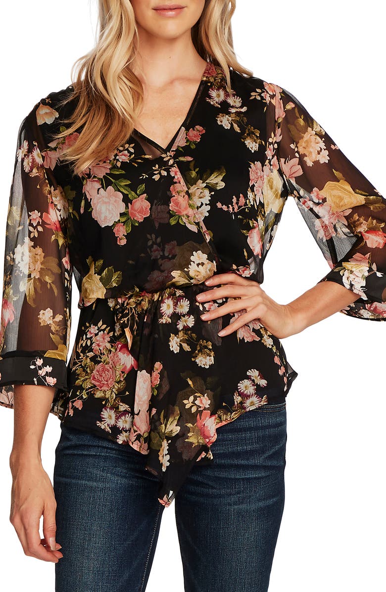 Vince Camuto Cinch Waist Asymmetrical Floral Top, Main, color,