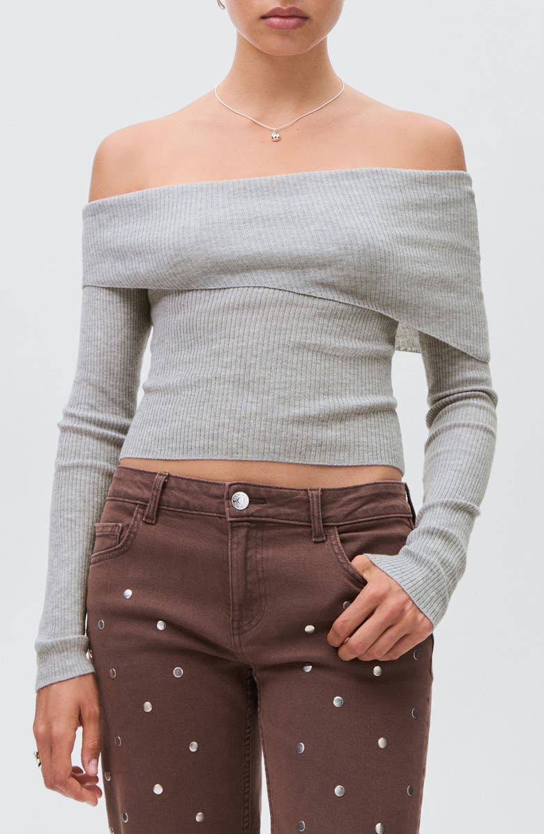 MANGO TEEN Off the Shoulder Top, Main, color, Medium Heather Grey