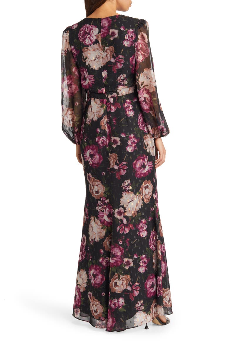 Floral Metallic Long Sleeve Maxi Dress, Alternate, color, BLACK