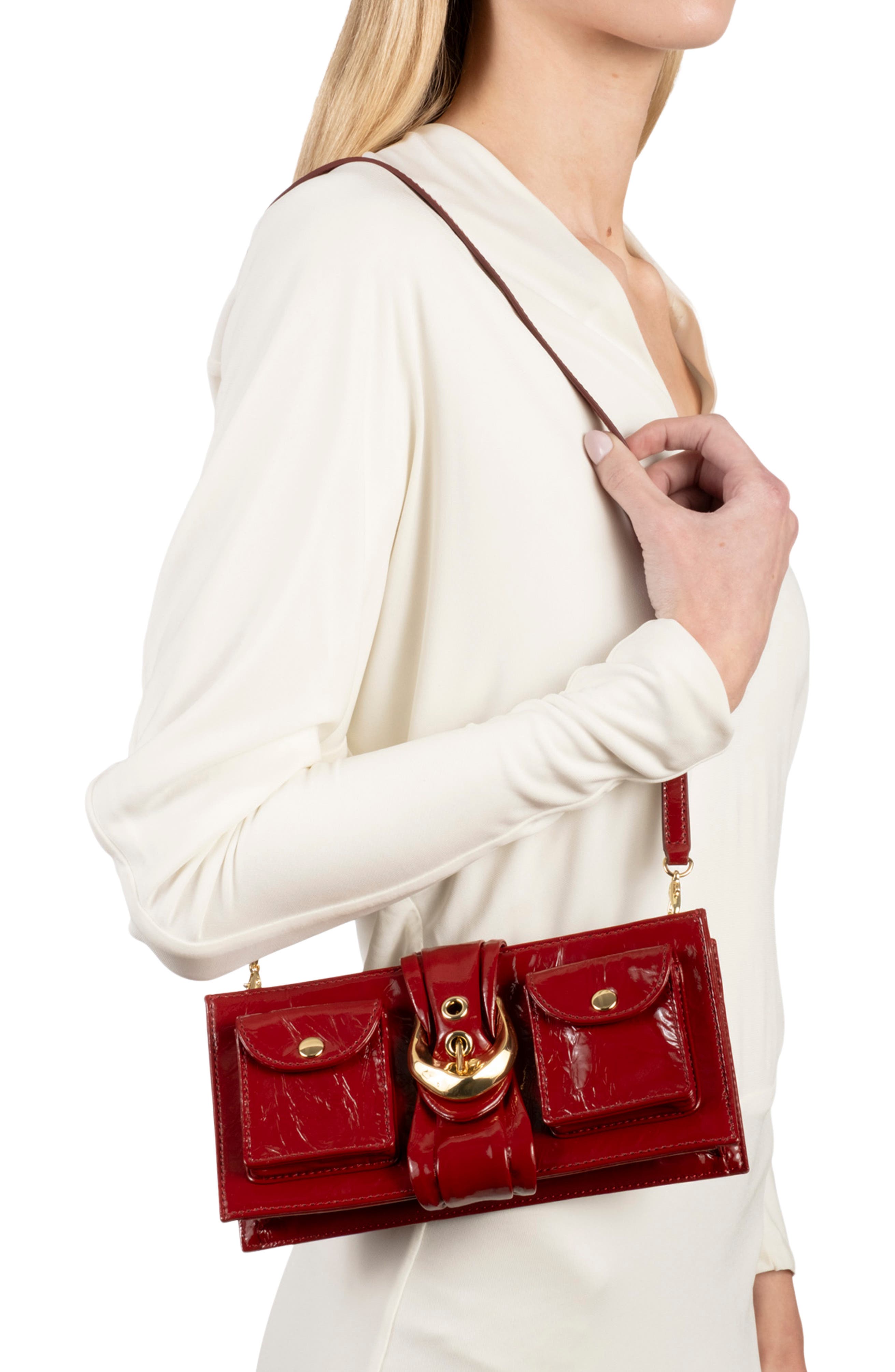 Buckle Leather Clutch, Alternate, color, BURNT CRANBERRY
