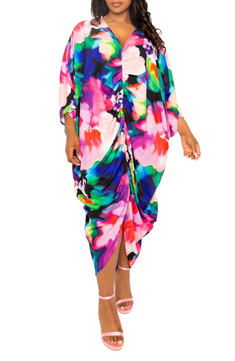 Abstract Floral Center Ruched Dress (Plus)