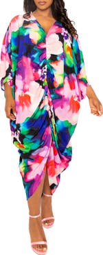 BUXOM COUTURE Abstract Floral Center Ruched Dress