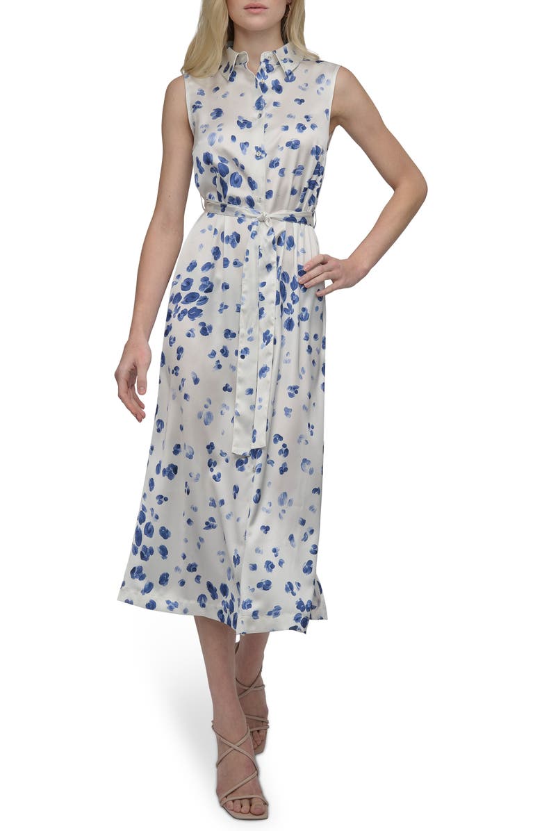 DKNY Floral Sleeveless Shirtdress, Main, color, Cream/ Blue