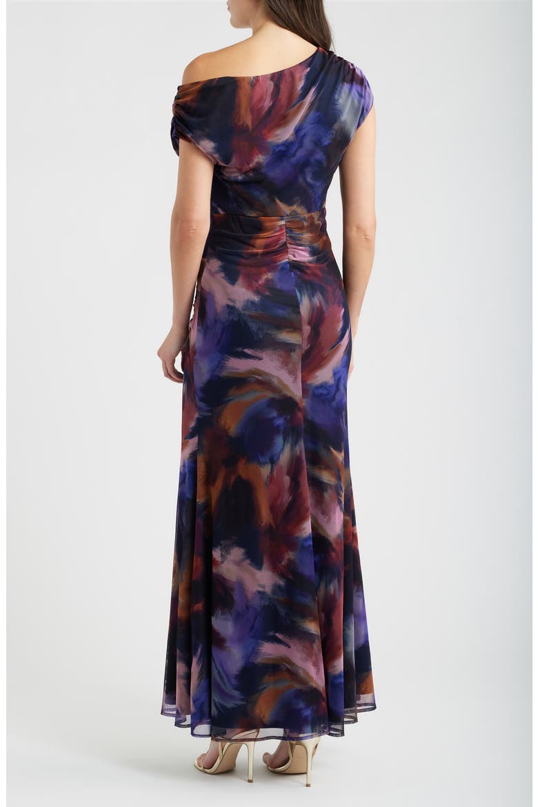 Asymmetric Ruched Mesh Gown, Alternate, color, NAVY MULTI