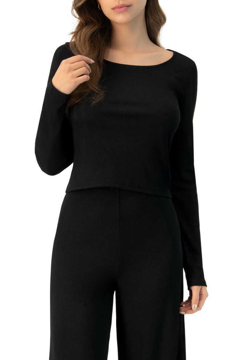 Ribbed Long Sleeve Crop Top, Main, color, Black