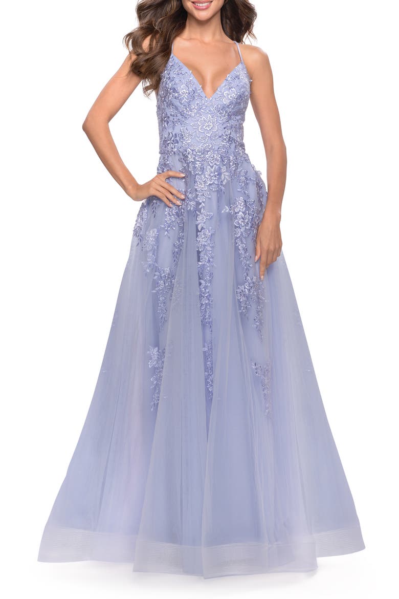 Tulle Prom Dress with Floral Detail and Side Slit, Main, color, Light Periwinkle