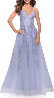 La Femme Tulle Prom Dress with Floral Detail and Side Slit