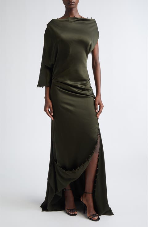 Rouleaux Trim Draped Satin Gown