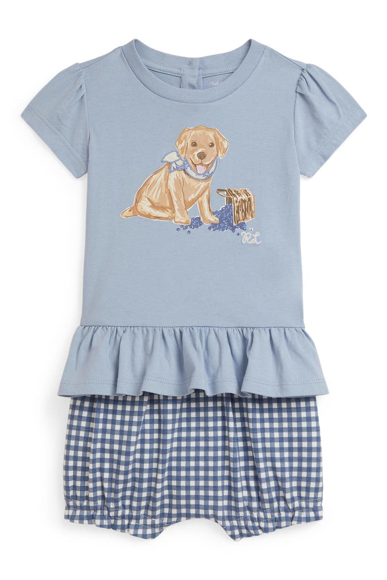 Puppy Cotton Graphic T-Shirt & Gingham Shorts Set, Main, color, ESTATE BLUE