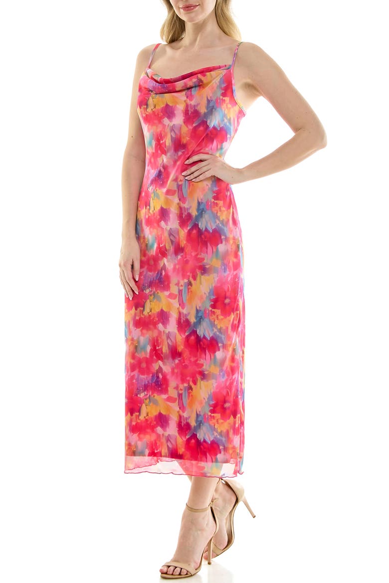 Tropical Mesh Cowl Maxi Dress, Alternate, color, PINK/ PURPLE MULTI