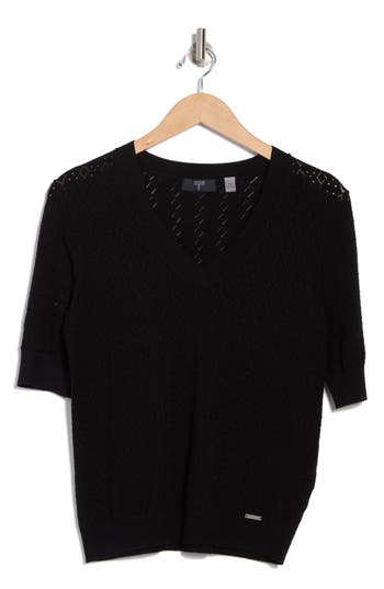T Tahari Mitered Pointelle V-neck Short Sleeve Sweater In Black