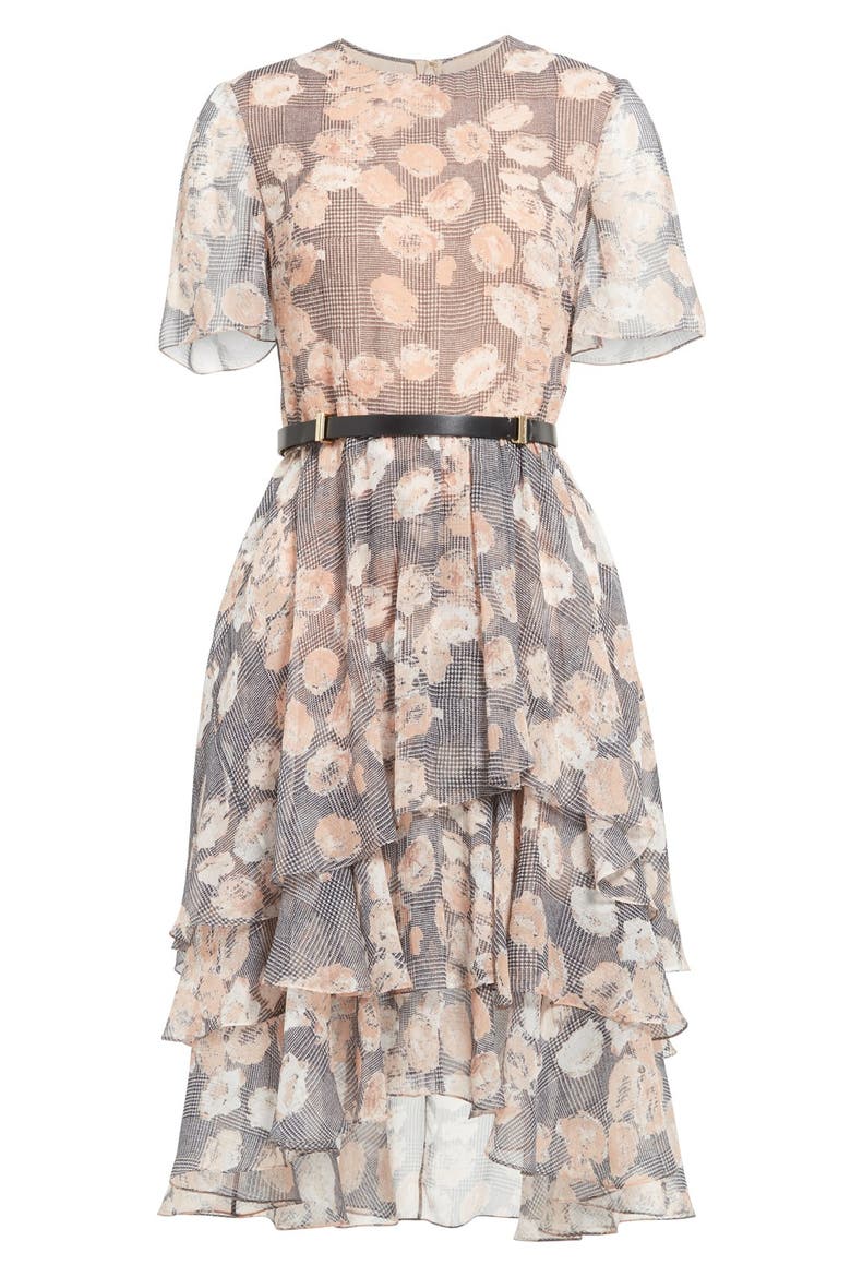 Floral & Glen Plaid Silk Chiffon Tiered Dress, Alternate, color, FAWN MULTI