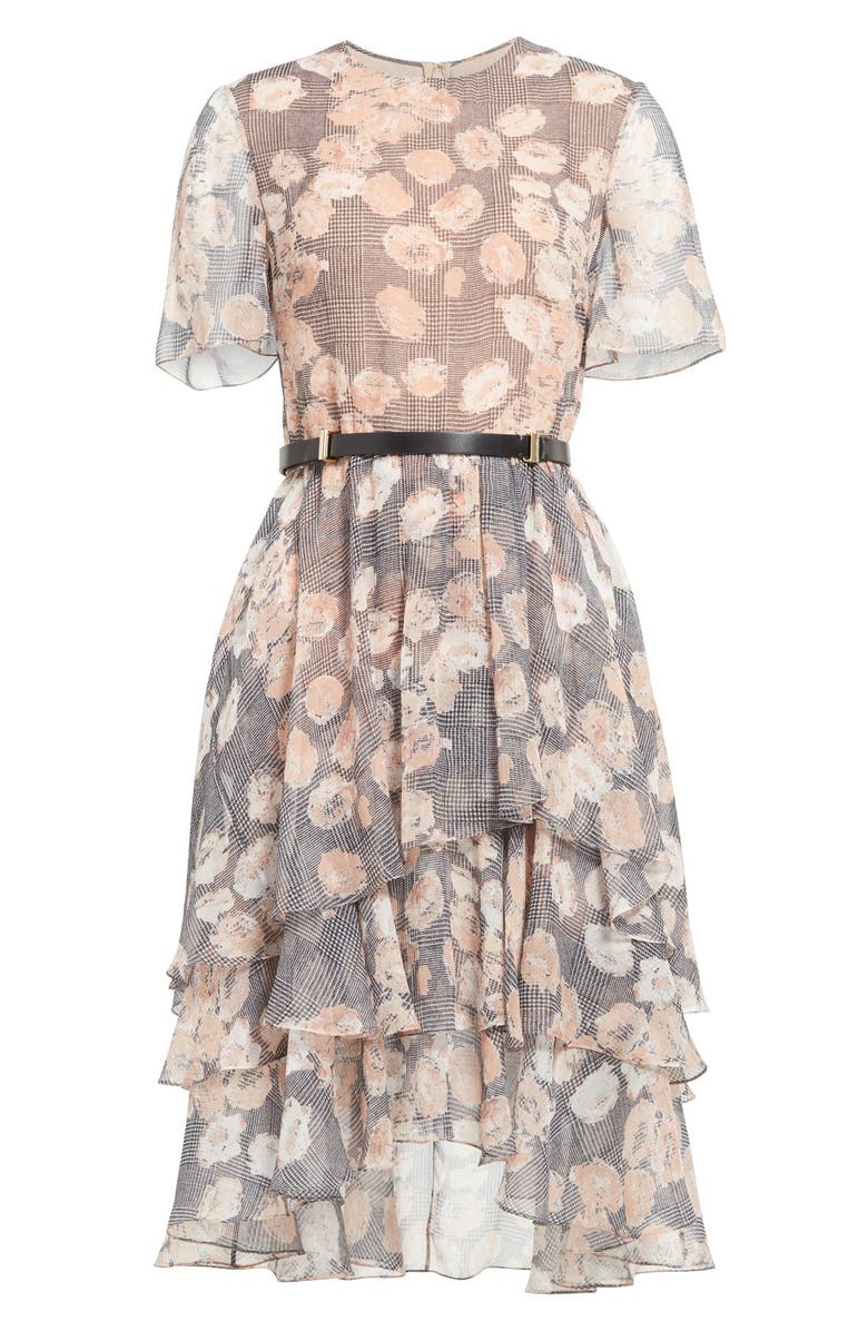 JASON WU Floral & Glen Plaid Silk Chiffon Tiered Dress, Alternate, color, 
