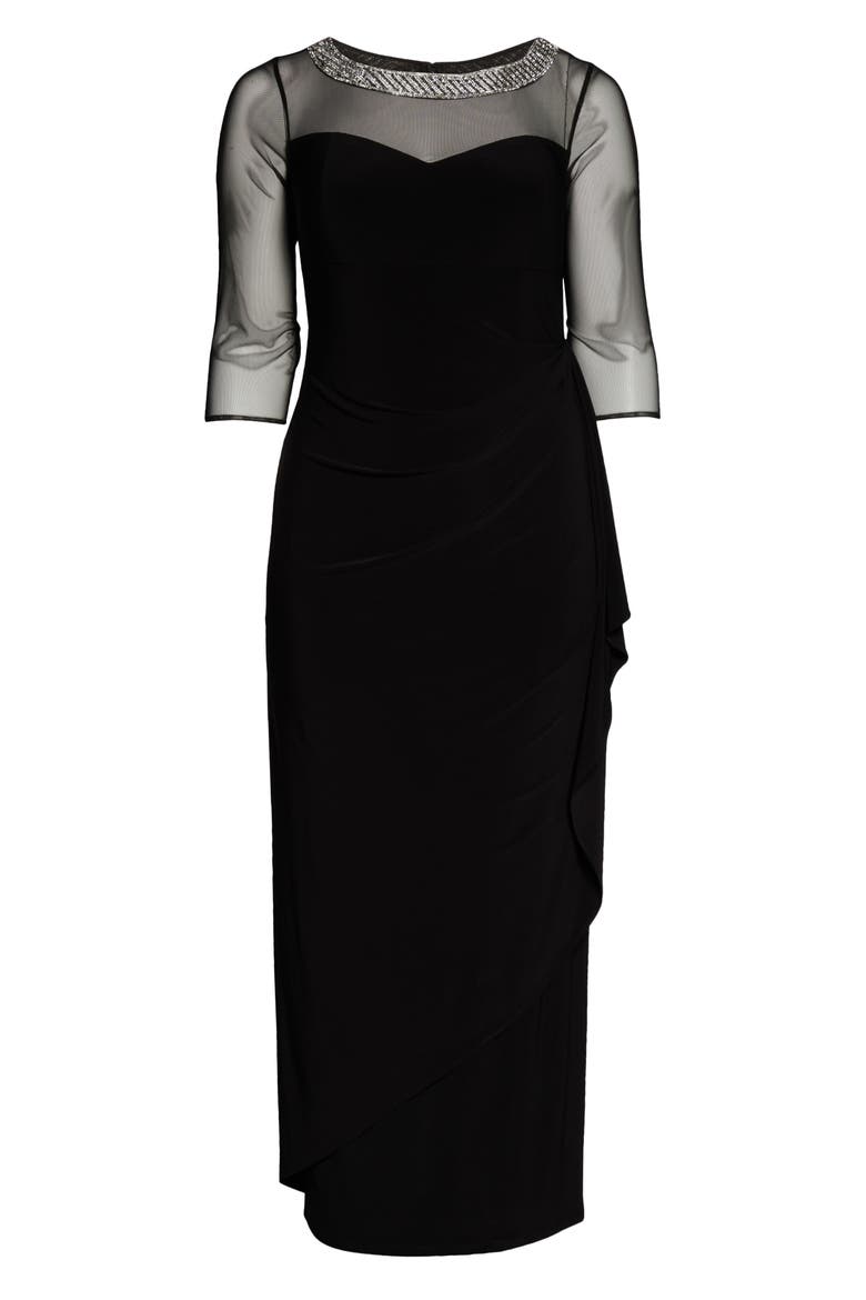 Illusion Sleeve Side Ruched Gown, Alternate, color, BLACK