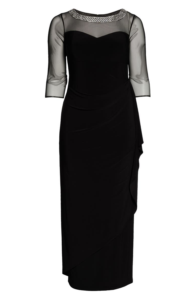 Alex Evenings Illusion Sleeve Side Ruched Gown, Alternate, color, Black