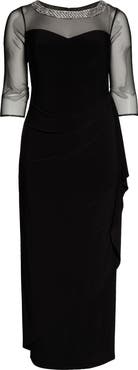 Alex Evenings Illusion Sleeve Side Ruched Gown