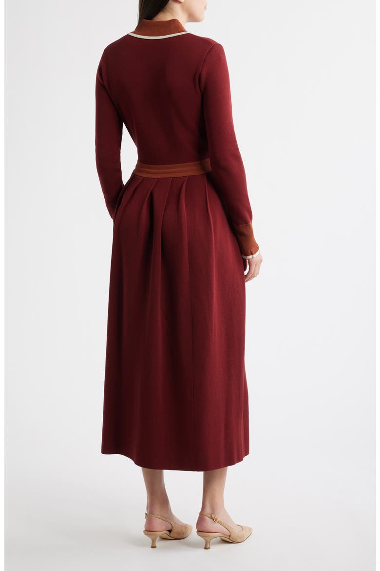 Tipped Long Sleeve Drawstring Waist Sweater Dress, Alternate, color, WINE/ CAMEL