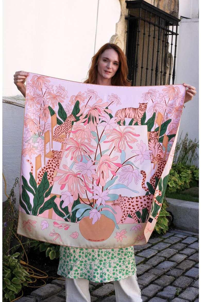 Double Sided Silk Scarf Of Jungle Gathering, Alternate, color, Pink