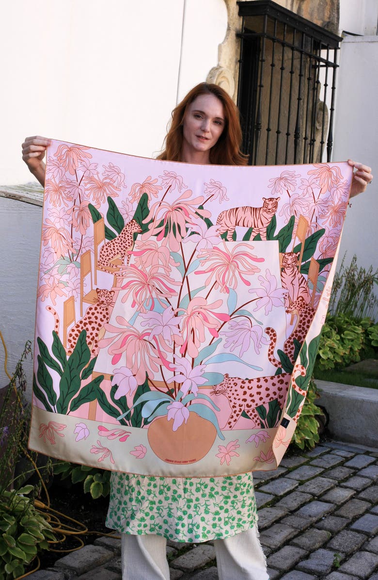 Jessie Zhao New York Double Sided Silk Scarf Of Jungle Gathering, Alternate, color, Pink