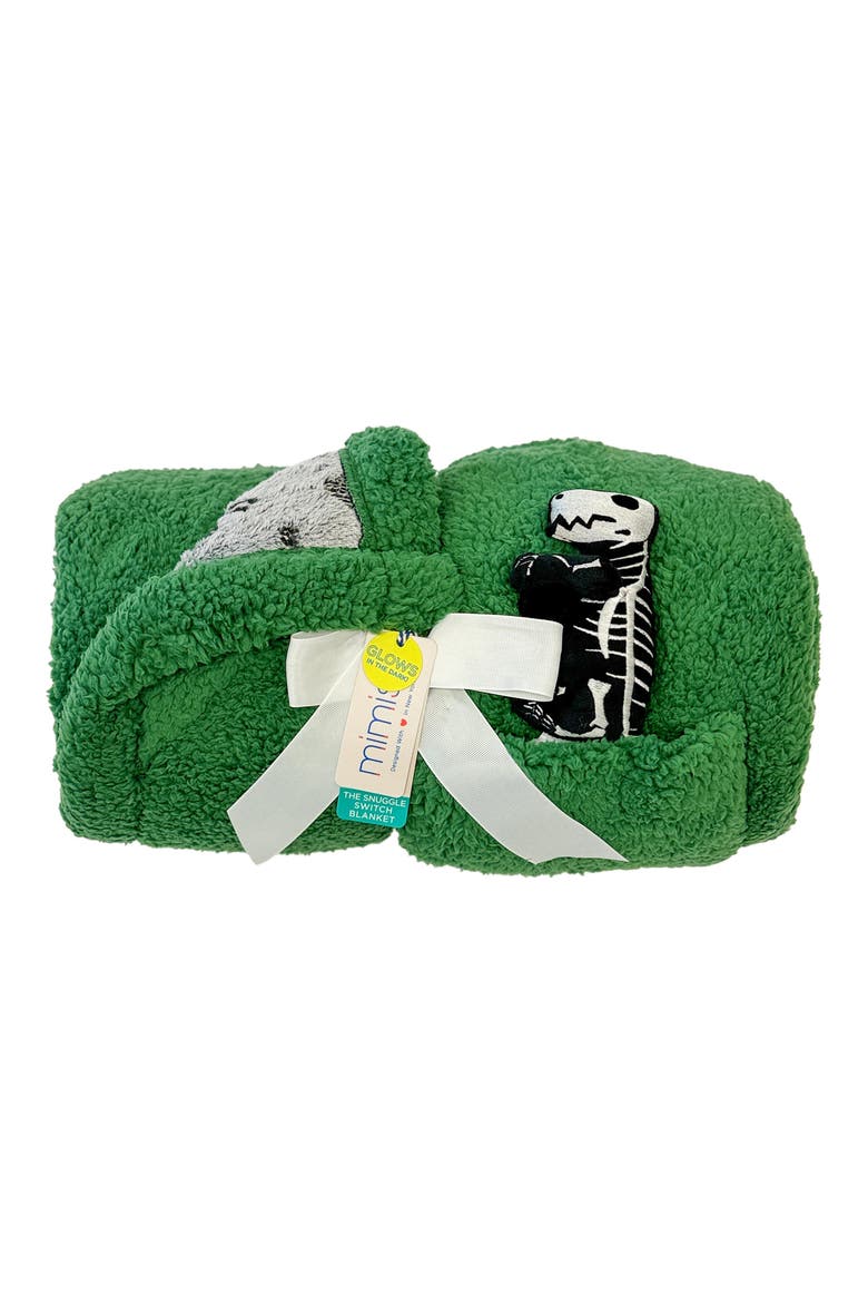 Kids' Glow in the Dark Dino Bones Fleece Blanket & Stuffed Animal Set, Alternate, color, KATYDID GREEN
