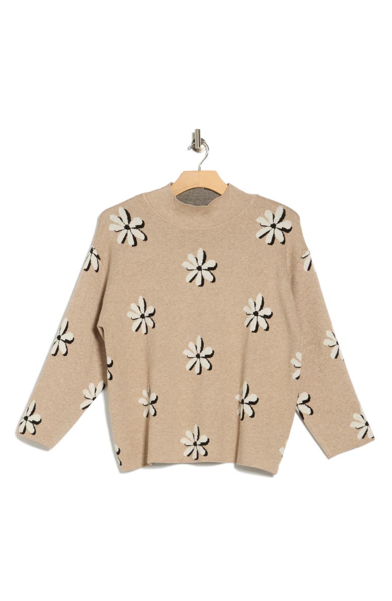 T Tahari Floral Mock Neck Sweater, Alternate, color, Light Grain Heather