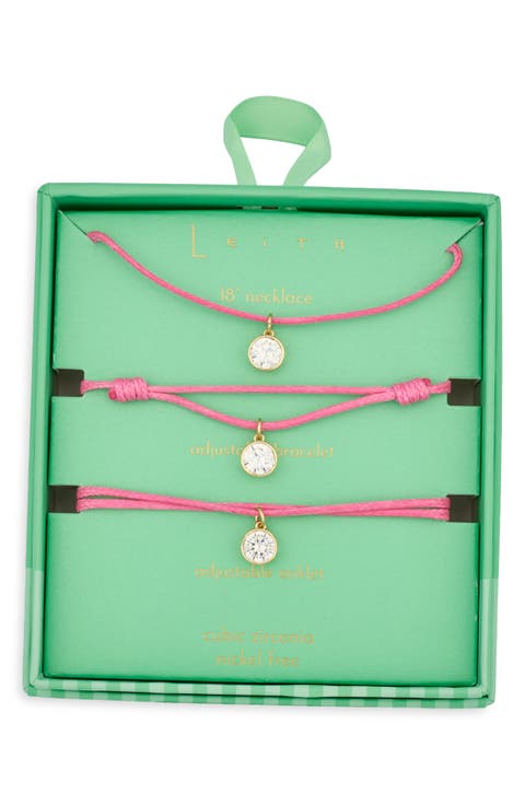 Cubic Zirconia Cord Necklace, Bracelet & Anklet Set