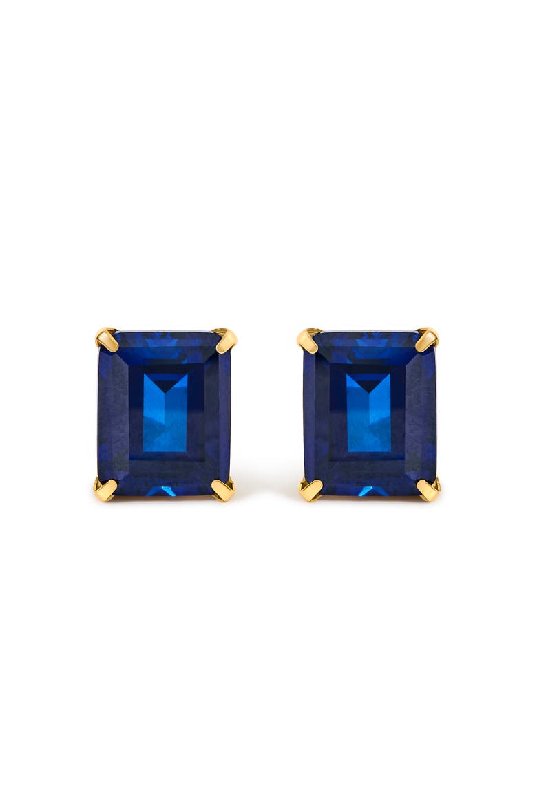 18K Yellow Gold 10x8 MM Lab Created Blue Sapphire Emerald Cut Solitaire Stud Earrings, Main, color, Yellow Gold