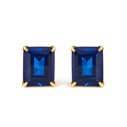 18K Yellow Gold 10x8 MM Lab Created Blue Sapphire Emerald Cut Solitaire Stud Earrings