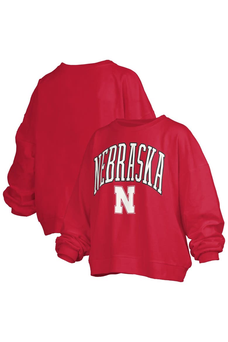 Women's Pressbox Scarlet Nebraska Huskers Janise Arch Over Logo Waist Length Oversized Pullover Sweatshirt, Main, color, Scarlet