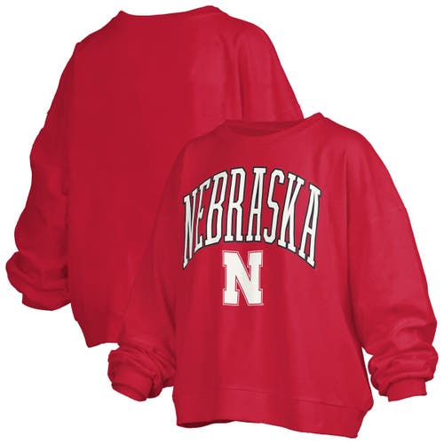 PRESSBOX PRESSBOX SCARLET NEBRASKA HUSKERS JANISE ARCH OVER LOGO WAIST LENGTH OVERSIZED PULLOVER SWEATSHIRT