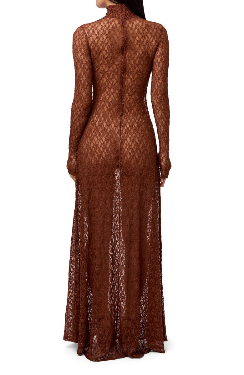 Naked Wardrobe Floral Long Sleeve Stretch Lace Turtleneck Maxi Dress, Alternate, color, Brown Sugar