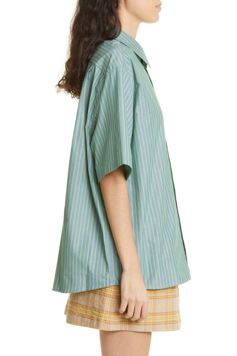 Sarlie Stripe Short Sleeve Cotton Button-Up Shirt, Alternate, color, JADE GREEN/ BLUE