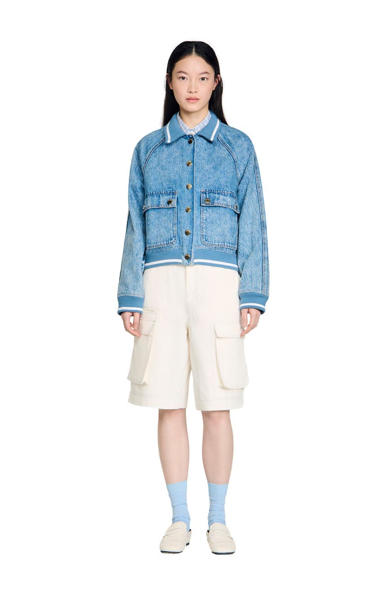 SANDRO Rib-trimmed denim jacket, Alternate, color, Blue Jean
