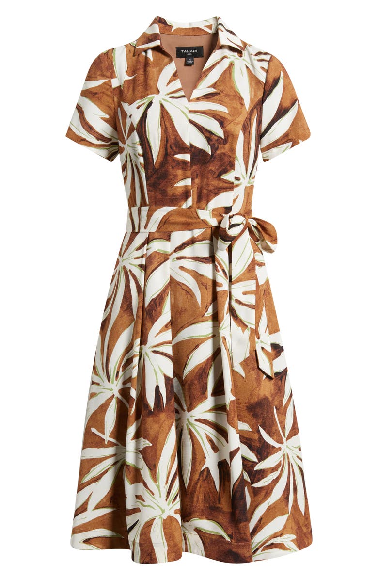 Tahari ASL Palm Print Short Sleeve Shirtdress, Alternate, color, Bark Palm