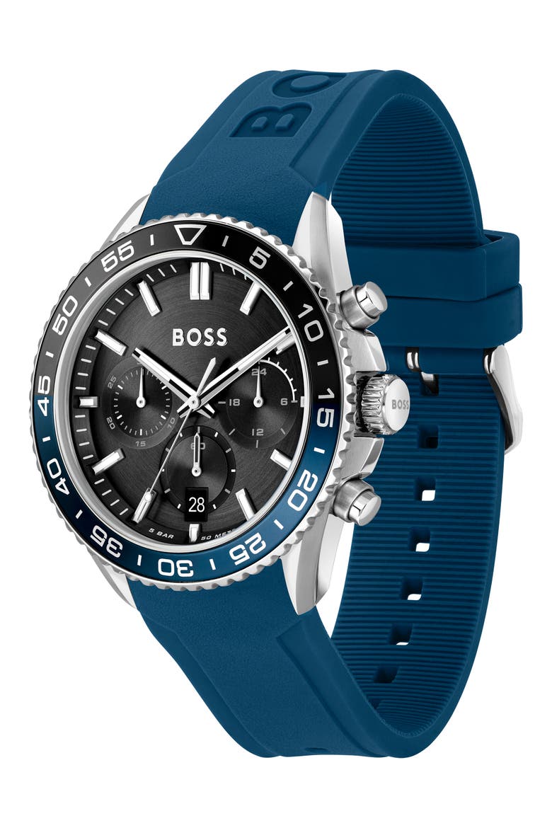 Runner Chronograph Silicone Strap Watch, 44mm, Alternate, color, BLACK