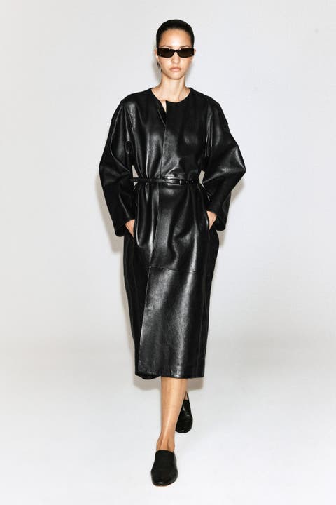 Paneled Leather Long Coat