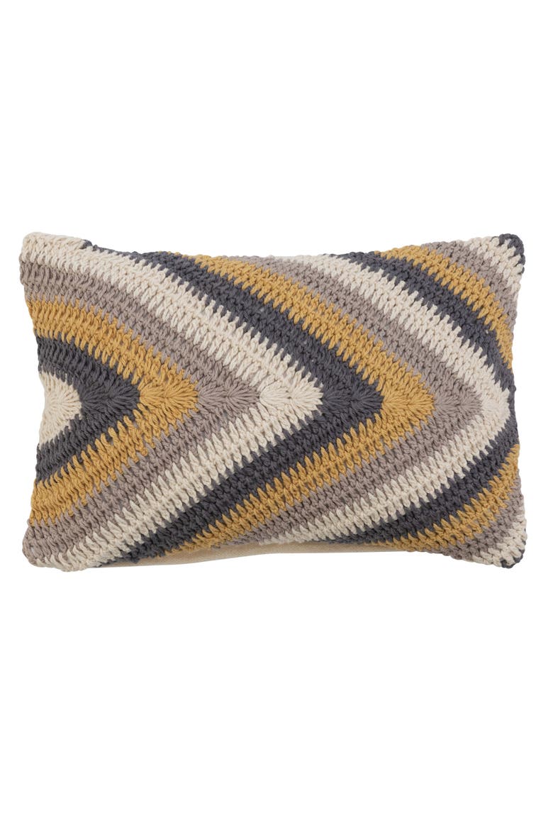 Cotton Crocheted Lumbar Pillow with Chevron Pattern, Multicolor, Main, color, Grey