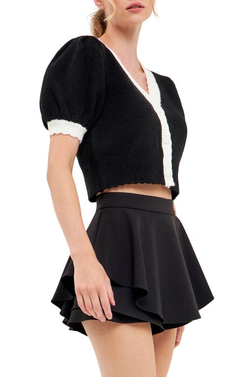 English Factory Colorblock Puff Sleeve Crop Cardigan In Black
