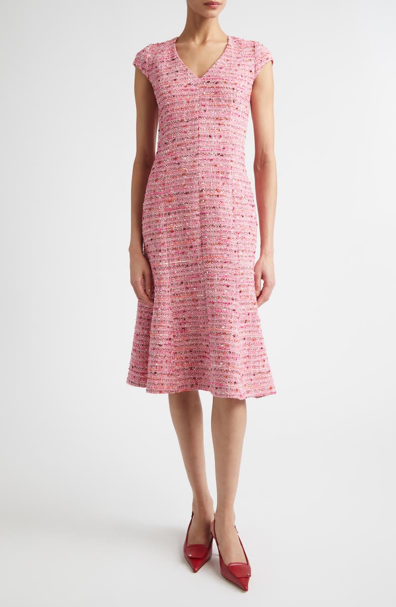 ST. JOHN Provence Cap Sleeve Tweed Dress, Main, color, Peony / Deep Coral Multi