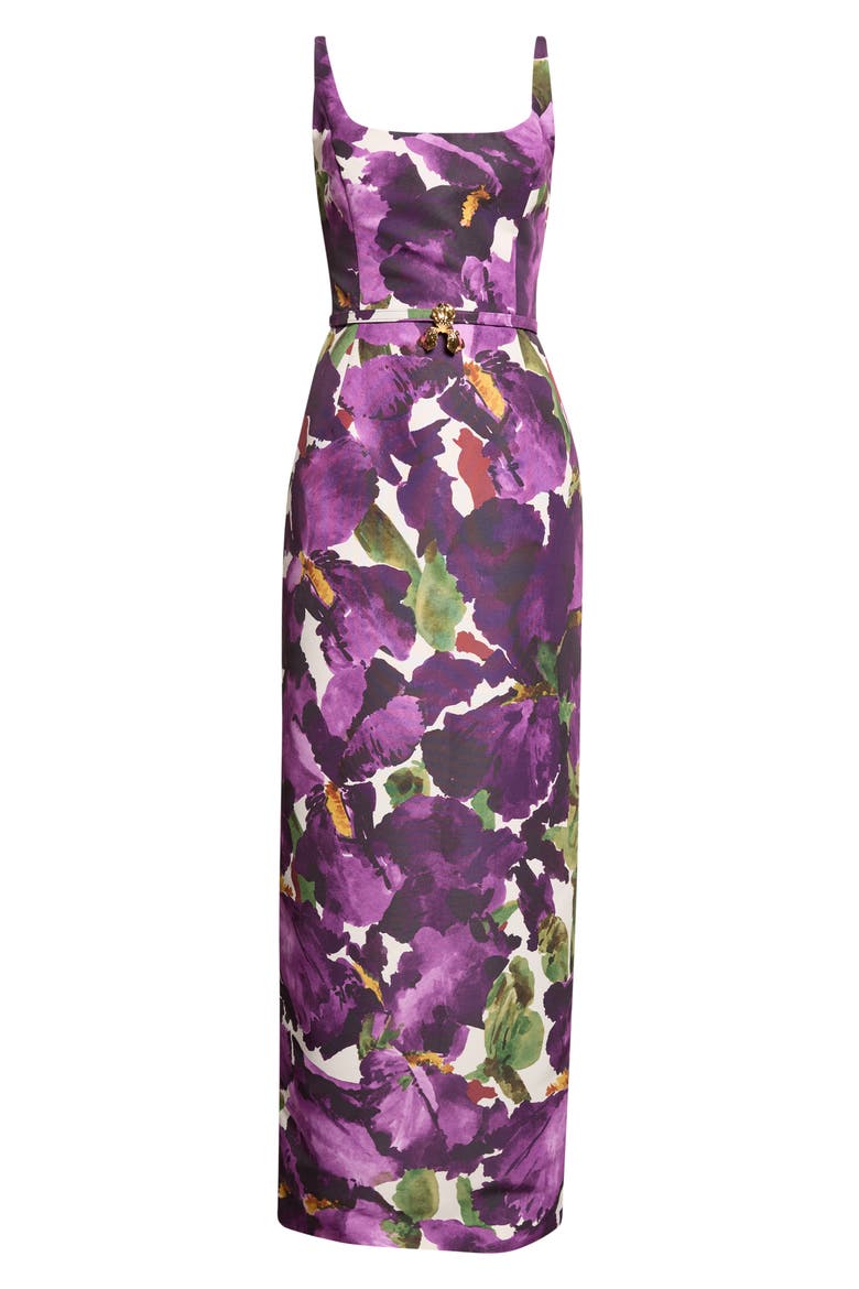 Watercolor Iris Faille Column Gown, Alternate, color, PURPLE/ IVORY