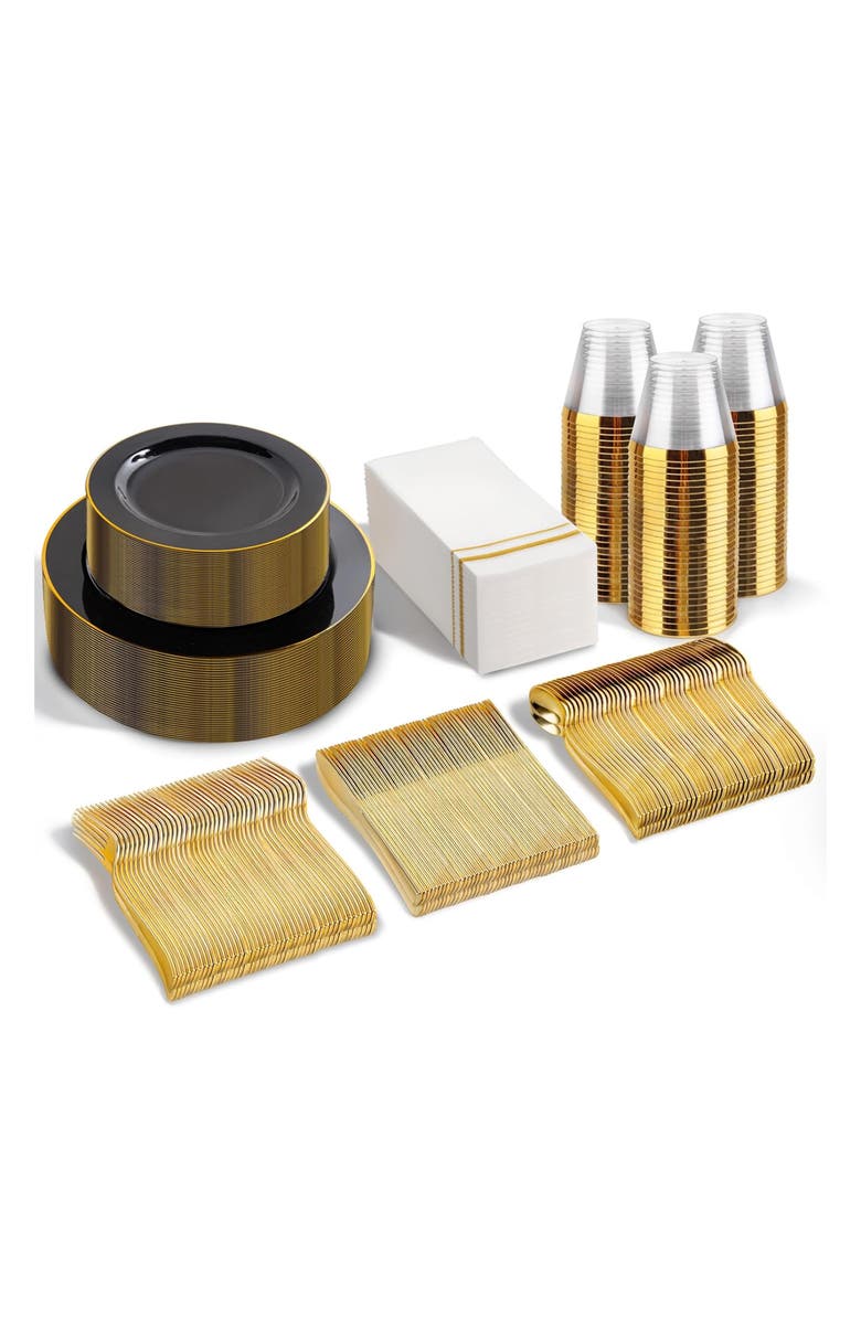 Elama Disposable Plastic Dinnerware Party Set in Black and Gold, Main, color, Black