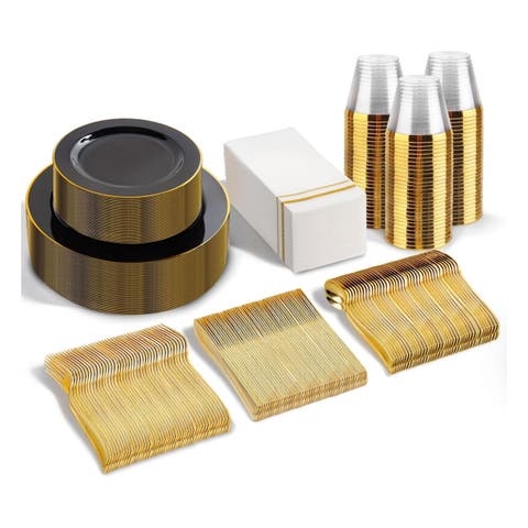 Disposable Plastic Dinnerware Party Set in Black and Gold