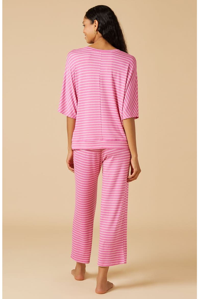 Dream Jersey Relaxed V-Neck with Capri Lounge Set, Alternate, color, Fuchsia Stripe