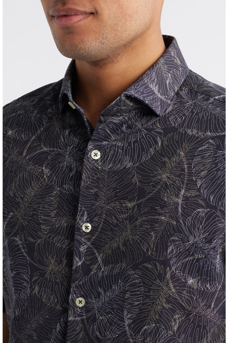 Jungle Monstera Palm Leaf Print Short Sleeve Stretch Cotton Blend Button-Up Shirt, Alternate, color, BLACK