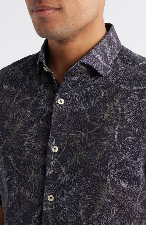 Stone Rose Jungle Monstera Palm Leaf Print Short Sleeve Stretch Cotton Blend Button-up Shirt
