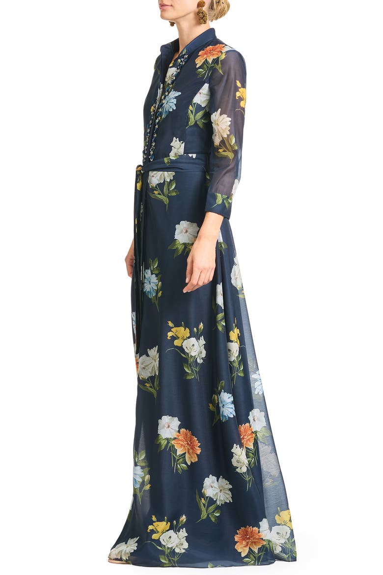 Addison Embellished Tie Waist Gown, Alternate, color, NAVY WILDLFOWERS