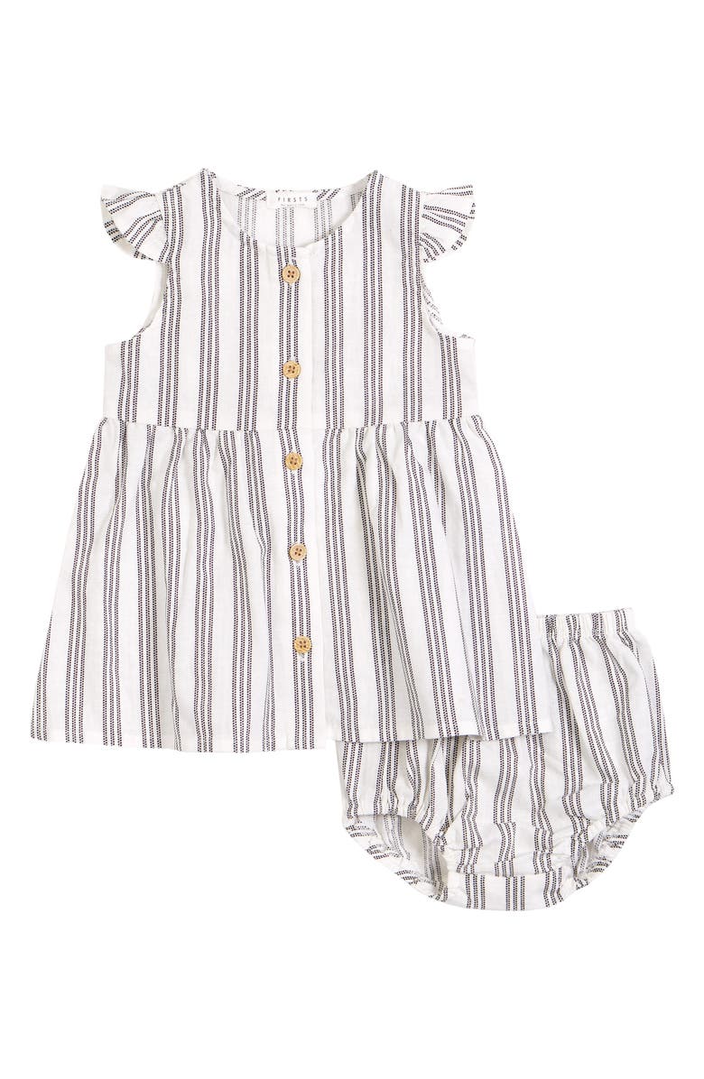 Petit Lem Stripe Linen & Organic Cotton Dress & Bloomers, Main, color, Off White